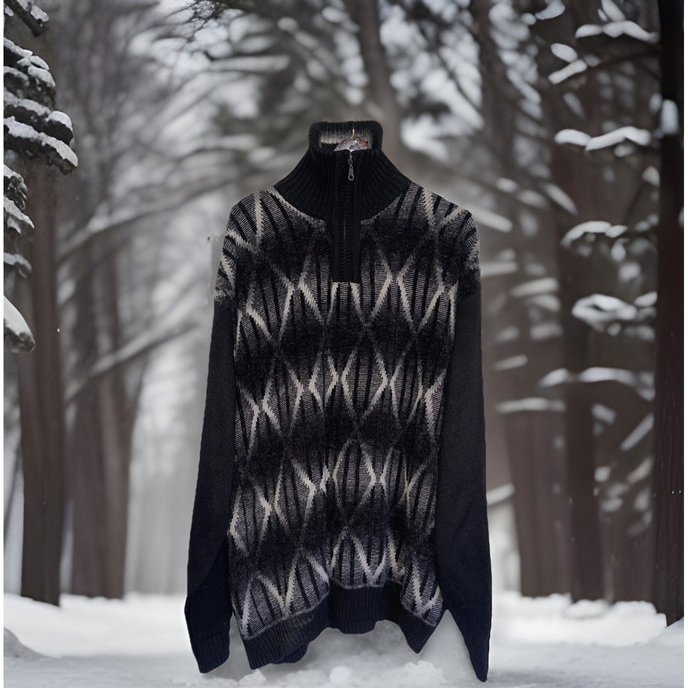 Bergati Sweater‎ Men 3XL Black Geometric Long Sleeve Mock Neck Quarter Zip